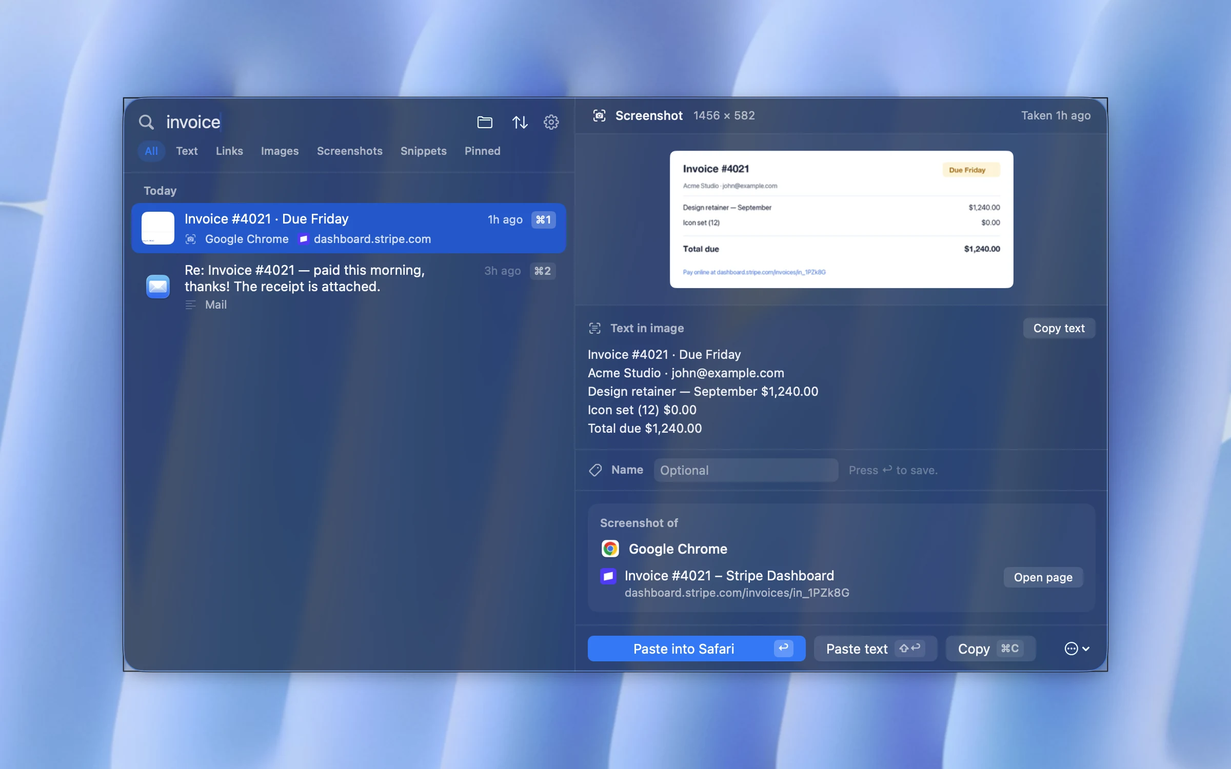 Searching for the word invoice in CopyPal finds a screenshot of an invoice, with the recognised text shown next to it