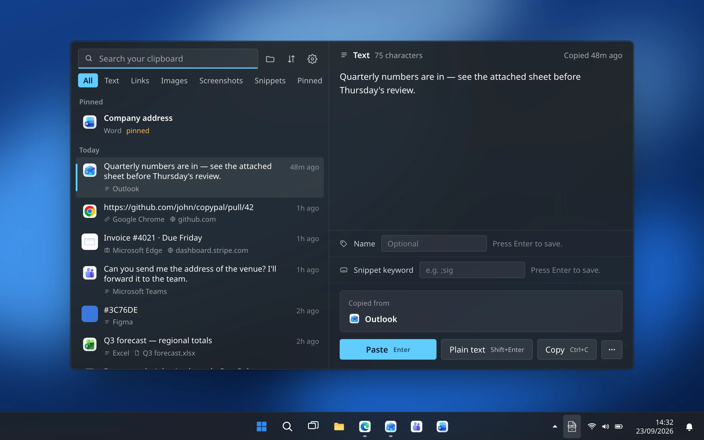 CopyPal on Windows 11 listing copied items with the app each came from, including Outlook, Chrome, Edge, Teams and Excel