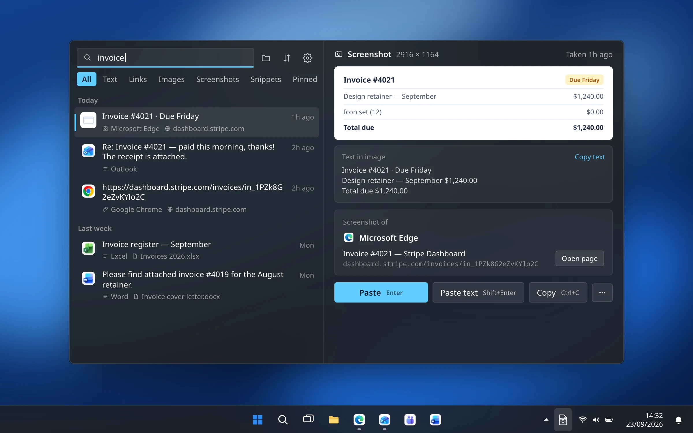 Searching for “invoice” in CopyPal on Windows finds a screenshot of a Stripe invoice by the text inside it, plus an email and a link about the same invoice