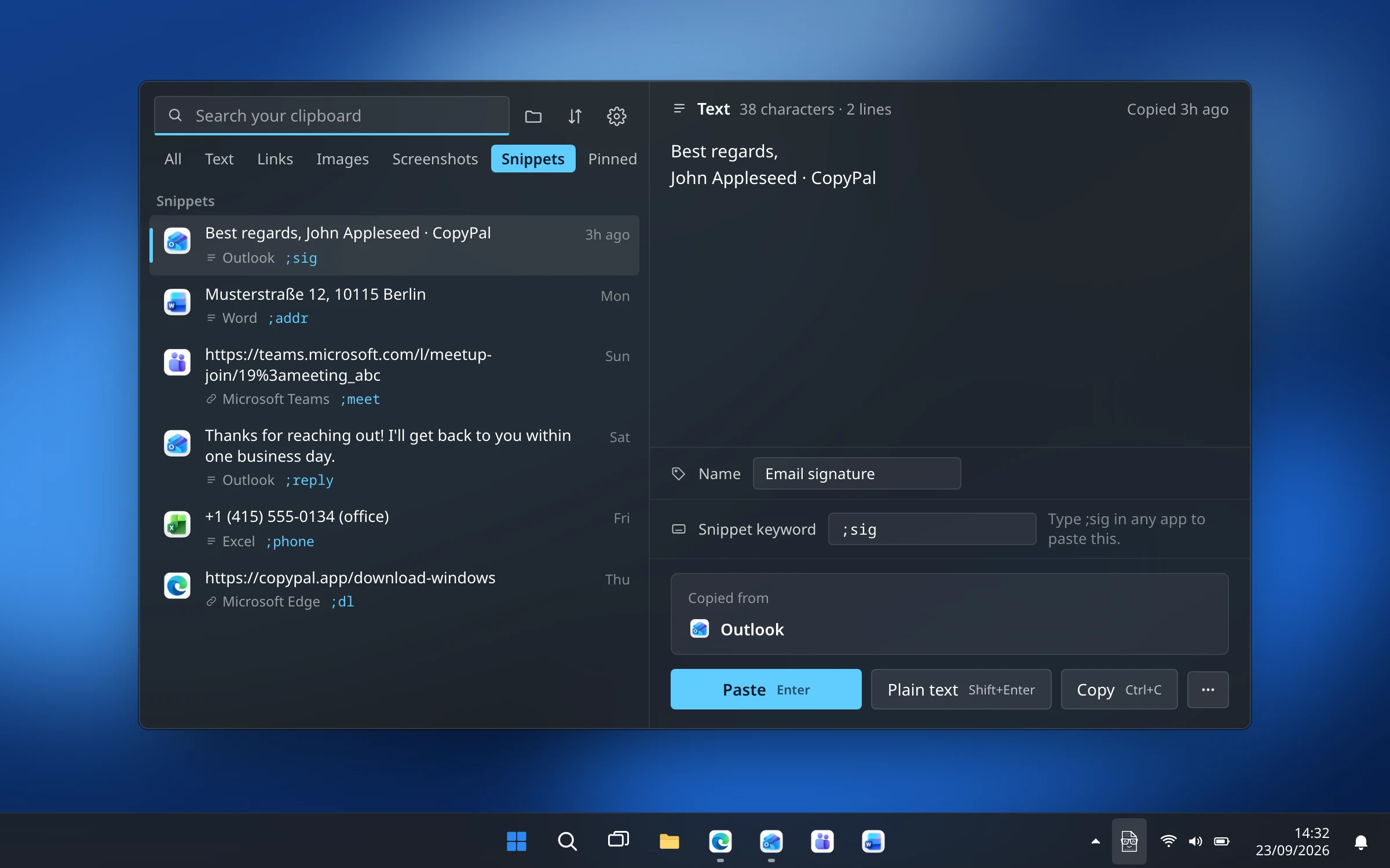 CopyPal's snippets view on Windows: an email signature named “Email signature” with the keyword ;sig set, so typing ;sig in any app pastes it