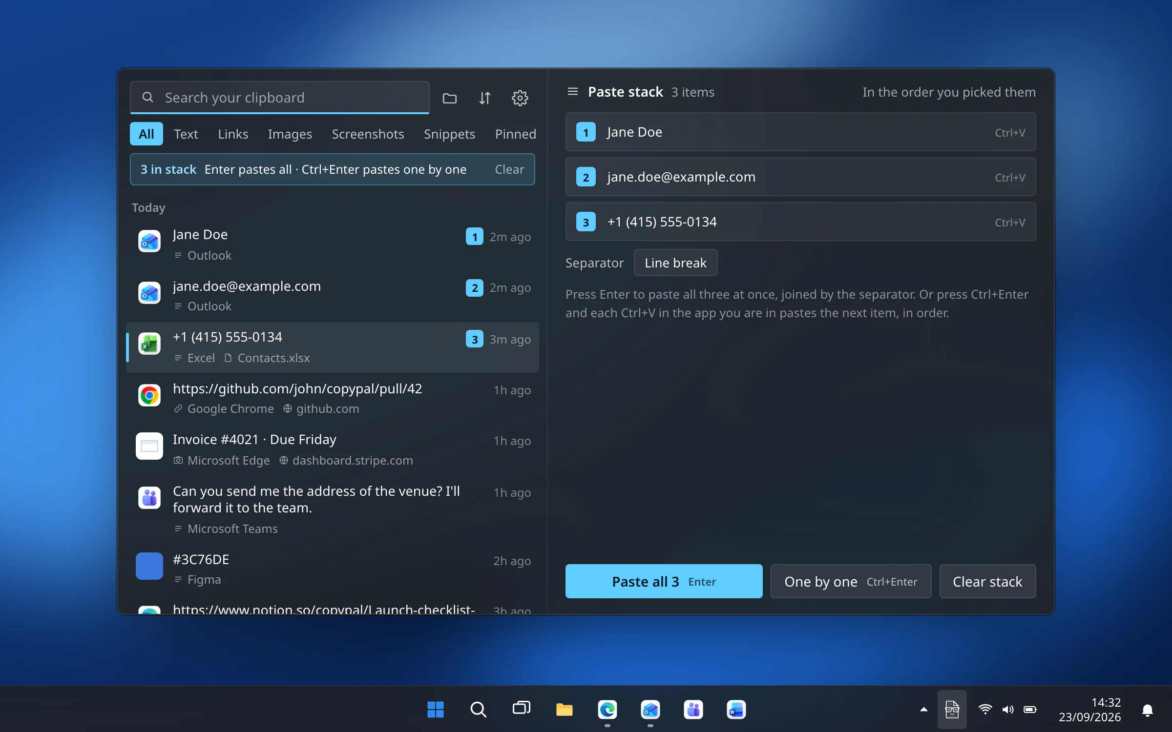 A paste stack of three items in CopyPal on Windows, a name, an email address and a phone number, numbered in order and ready to paste all at once or one per Ctrl+V