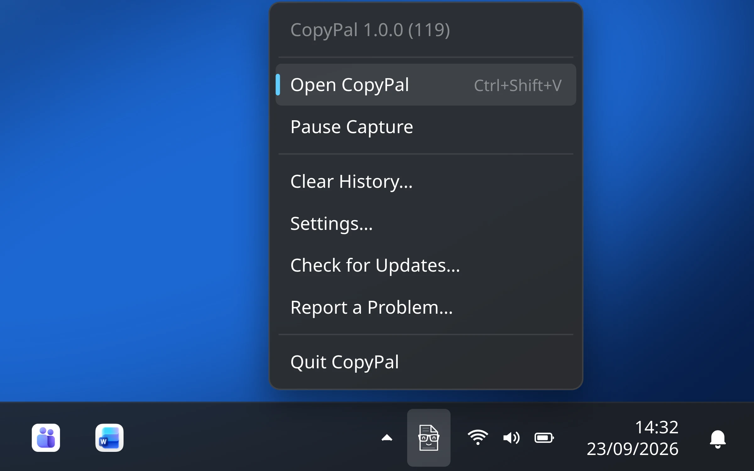 The CopyPal icon in the Windows system tray with its right-click menu open: Open CopyPal, Pause Capture, Clear History, Settings, Check for Updates